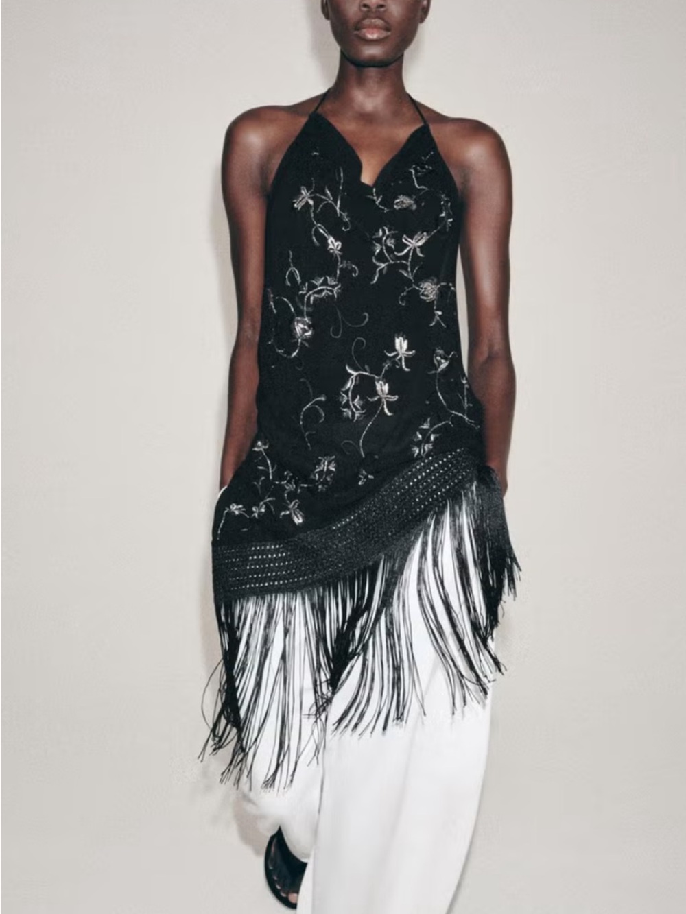 Zara Black Embroidered Halter Fringe Top